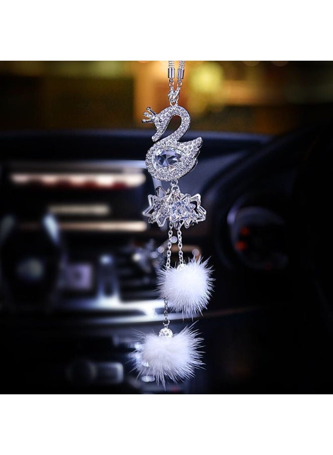 زينة سيارة داخلية، مرآة الرؤية الخلفية، قلادة بوم بوم من ريش البجعة، إكسسوارات سيارة قطيفة مزينة بالألماس، زينة سيارة إبداعية - Image 1